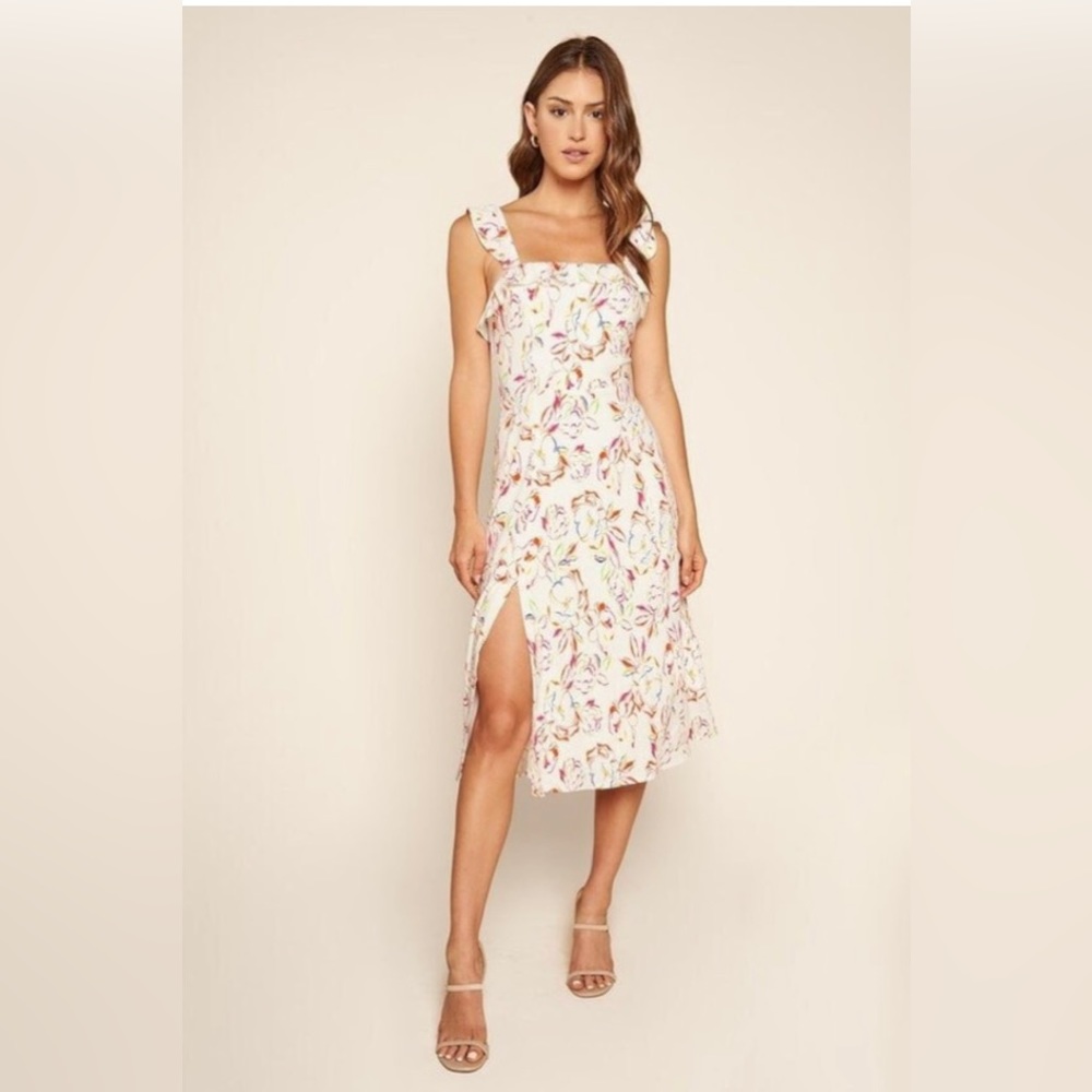 White Multicolor Floral Midi Dress Ruffle Slit Smocked Back